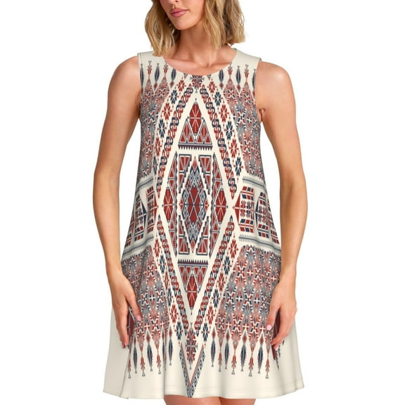 Lsque Fashion Tatreez2 Pattern Summer Dresses for Women – Sleeveless T-Shirt Swing Sundress, Perfect for the Beach and Casual Days