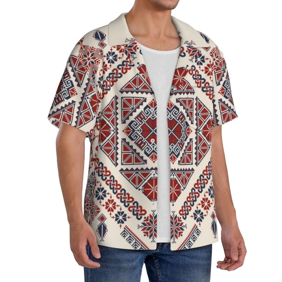 Lsque Fashion Tatreez2 print Men's Cuban Collar Short Sleeve Shirt Summer Beachwear Casual Button Down Fashionable Vacation Leisure Shirt-XX-Large