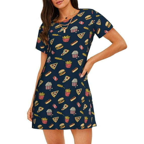 Lsque Fast Food Pattern Nightgowns for Women Sleep Shirts Short Sleeve Nightshirt Pullover Nightdress Soft Sleepwear Relaxed Fit Nightdress