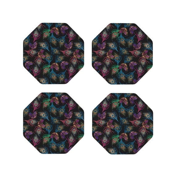 Lsque Feathers And Butterflies Pattern 4" Drink Coasters Set of 4, PVC Leather Absorbent Coasters, Table Coaster Set Decorative Coffee Cup Coasters Housewarming Gift -Octagon