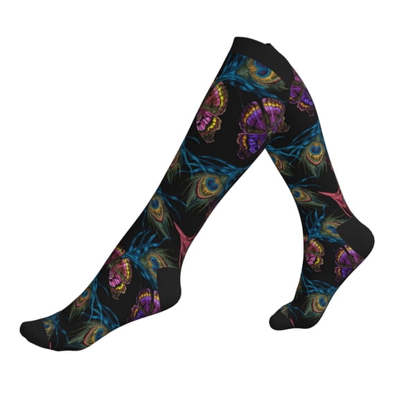 Lsque Feathers And Butterflies Pattern Sport Compression Socks for Men & Women 15-20 mmHg Knee High Nurse Pregnant Running Medical and Travel Athletic