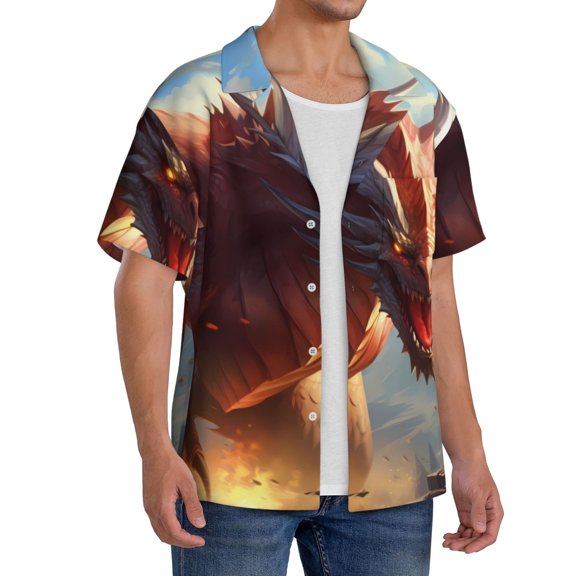 Lsque Ferocious Dragon Fury print Men's Cuban Collar Short Sleeve Shirt Summer Beachwear Casual Button Down Fashionable Vacation Leisure Shirt-Large