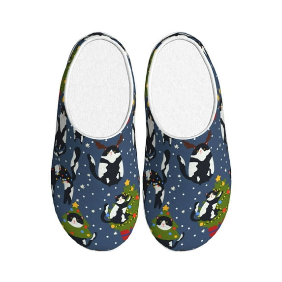 Lsque Festive Cats and Trees Pattern Womens Comfort Cotton on Scuff With Memory Foam and Anti-skid Sole Slipper-40/41