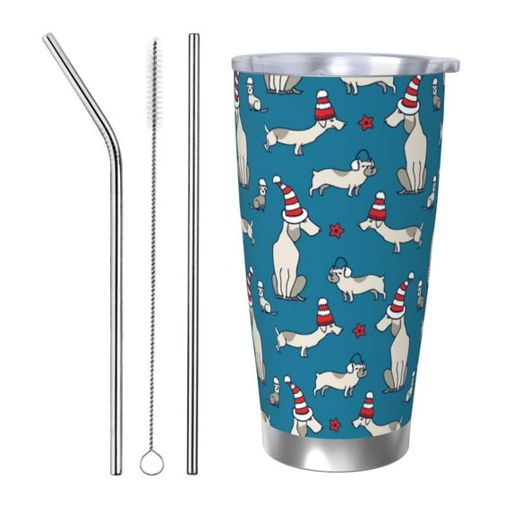Lsque Festive Dachshund Fun Pattern 20oz Car Cup with Lid and Straw, Insulated Coffee Cup with Straw Topper, Spill Proof Travel Coffee Mug, Stainless Steel Tumble-Straw Three-piece Set
