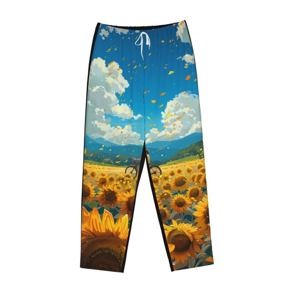 Lsque Field Bicycle Young Sunflower Print Women's Pajama Pants, Lounge Pant - Comfortable Home Wear,Elastic Waistband, Stylish Design-Medium
