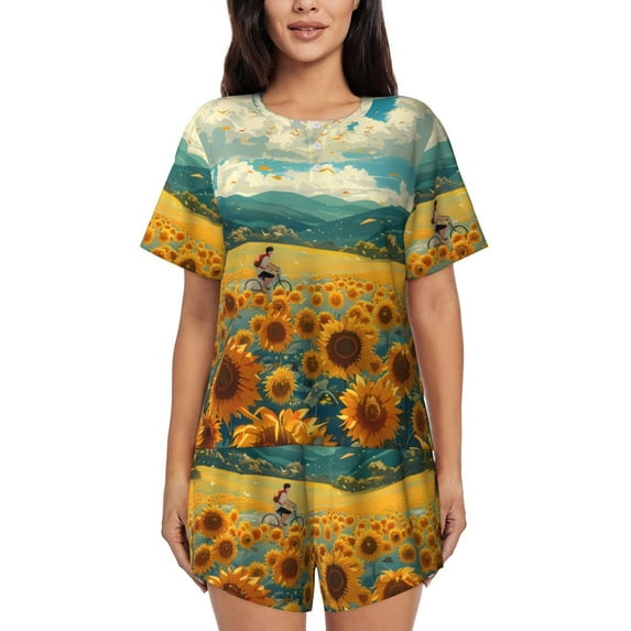 Lsque Field Style Bicycle Young Sunflower Women's Short-Sleeved Pajama Set - 2 Piece Soft and Lightweight Sleepwear Set-X-Large