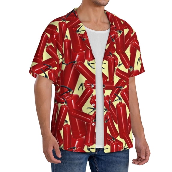 Lsque Fire Extinguisher print Men's Cuban Collar Short Sleeve Shirt Summer Beachwear Casual Button Down Fashionable Vacation Leisure Shirt-3X-Large