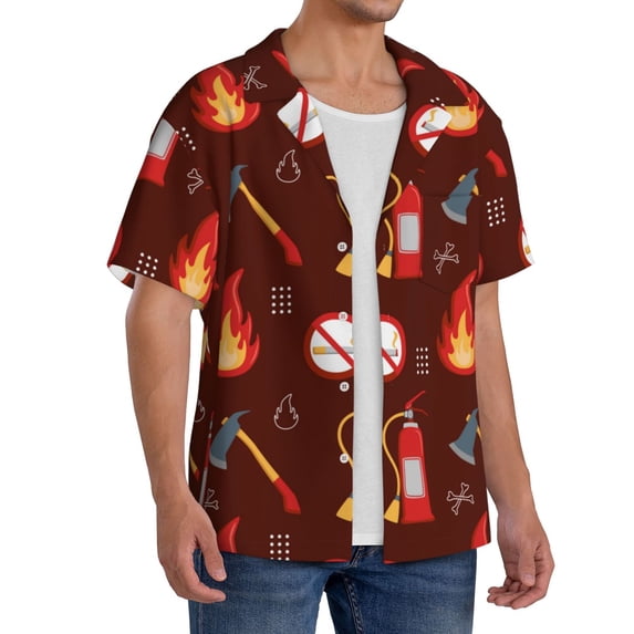 Lsque Fire Extinguisher print Men's Cuban Collar Short Sleeve Shirt Summer Beachwear Casual Button Down Fashionable Vacation Leisure Shirt-Large