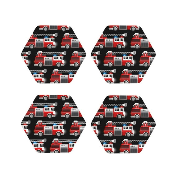 Lsque Fire and Rescue Truck Pattern 4" Drink Coasters Set of 4, PVC Leather Absorbent Coasters, Table Coaster Set Decorative Coffee Cup Coasters Housewarming Gift -Hexagon