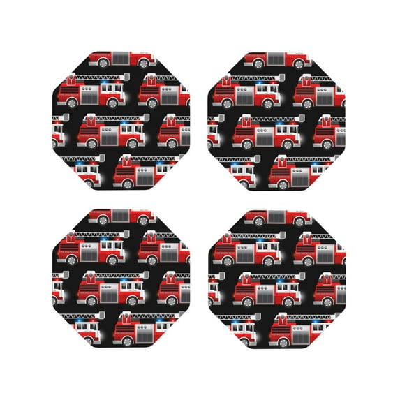 Lsque Fire and Rescue Truck Pattern 4" Drink Coasters Set of 4, PVC Leather Absorbent Coasters, Table Coaster Set Decorative Coffee Cup Coasters Housewarming Gift -Octagon
