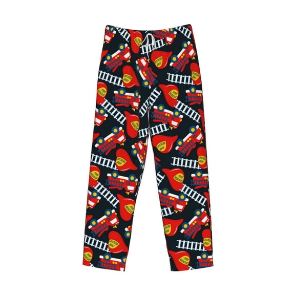 Lsque Fire Rescue With Red Helmet And Truck Print Men's Pajama Pants, Lounge Pant - Comfortable Home Wear,Elastic Waistband, Stylish Design-Medium