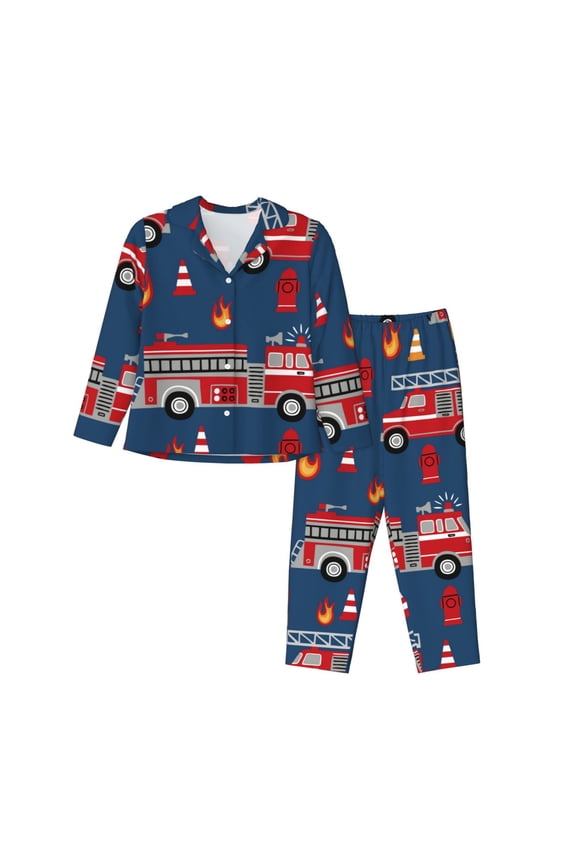 Fire Truck 1 Pattern Long Sleeve Pajama Set for Women - Soft 2-Piece Sleepwear and Loungewear Set with Pockets, Comfy Nightwear-Medium