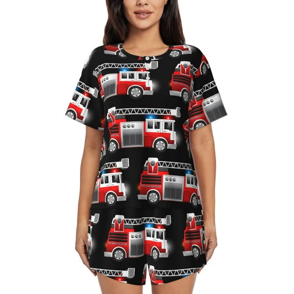 Lsque Fire and Rescue Truck Women's Short-Sleeved Pajama Set - 2 Piece Soft and Lightweight Sleepwear Set-X-Large