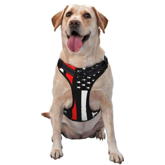 Lsque Firefighters USA Flag Dog Harness, No-Pull Pet Harness with 2 Leash Clips, Adjustable Soft Padded Dog Vest with Easy Control Handle for Large Dogs-Large