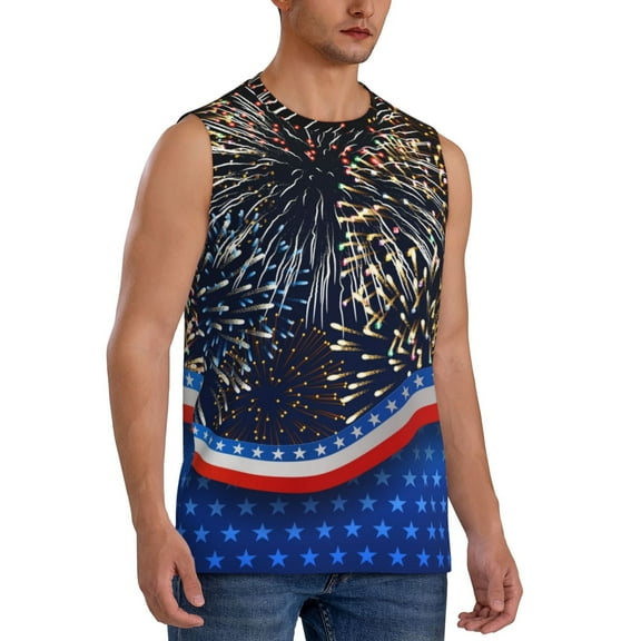 Lsque Fireworks Print Men's Cotton Blend Sleeveless Muscle Shirts (S-3XL)- Moisture Wicking, Odor Protection, UPF 30 ,3X-Large