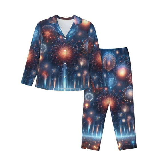 Lsque Fireworks1 Pattern Long Sleeve Pajama Set for Women - Soft 2-Piece Sleepwear and Loungewear Set with Pockets, Comfy Nightwear-XX-Large