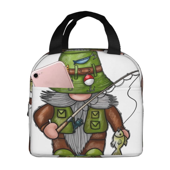 Lsque Fishing Gnome Pattern Lunch Bag Women/Men Insulated Lunch Box,Small Leakproof Cooler Food Lunch Containers Reusable High Capacity Lunch Tote Bags