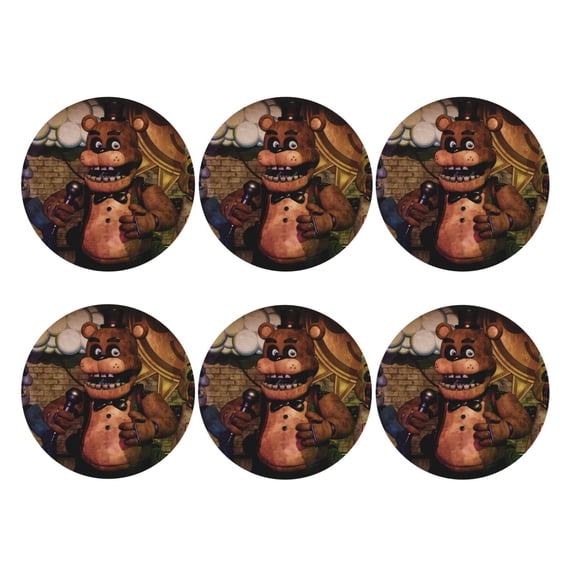 Lsque Five Nights At Freddy'S Pattern 4" Drink Coasters Set of 6, Leather Absorbent Coasters, Table Coaster Set Decorative Coffee Cup Coasters Housewarming Gift