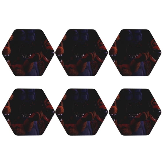 Lsque Five Nights At Freddy'S Pattern 4" Drink Coasters Set of 6, Leather Absorbent Coasters, Table Coaster Set Decorative Coffee Cup Coasters Housewarming Gift