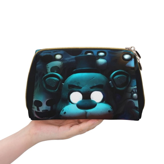 Lsque Five Nights At Freddy'S Pattern Genuine Leather Makeup Bag Cosmetic Pouch Travel Organizer Toiletry Clutch Large Capacity Travel Cosmetic Bag
