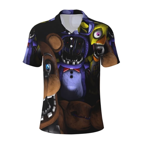 Lsque Five Nights At Freddy'S Pattern Golf Shirts for Men Dry Fit Print Moisture Wicking Performance Short Sleeve Polo Shirt-X-Large