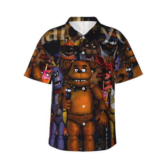Lsque Five Nights At Freddy'S Pattern Hawaiian Shirt for Men Unisex Summer Beach Casual Short Sleeve Cotton Linen Button Down Shirts-Large