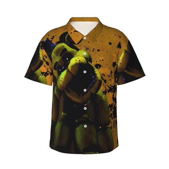Lsque Five Nights At Freddy'S Pattern Hawaiian Shirt for Men Unisex Summer Beach Casual Short Sleeve Cotton Linen Button Down Shirts-Medium