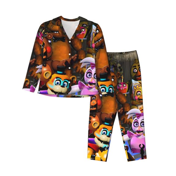 Lsque Five Nights At Freddy'S Pattern Long Sleeve Pajama Set for Women - Soft 2-Piece Sleepwear and Loungewear Set with Pockets, Comfy Nightwear