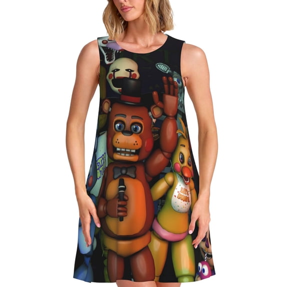 Lsque Five Nights At Freddy'S Pattern Summer Dresses for Women – Sleeveless T-Shirt Swing Sundress, Perfect for the Beach and Casual Days