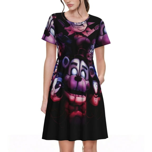 Lsque Five Nights At Freddy'S Print Women's Casual Dress T-Shirt Summer Short Sleeve Scoop Neck Swing Dresses