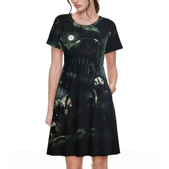 Lsque Five Nights At Freddy'S Print Women's Casual Dress T-Shirt Summer Short Sleeve Scoop Neck Swing Dresses
