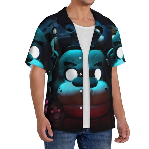 Lsque Five Nights At Freddy'S print Men's Cuban Collar Short Sleeve Shirt Summer Beachwear Casual Button Down Fashionable Vacation Leisure Shirt-Large