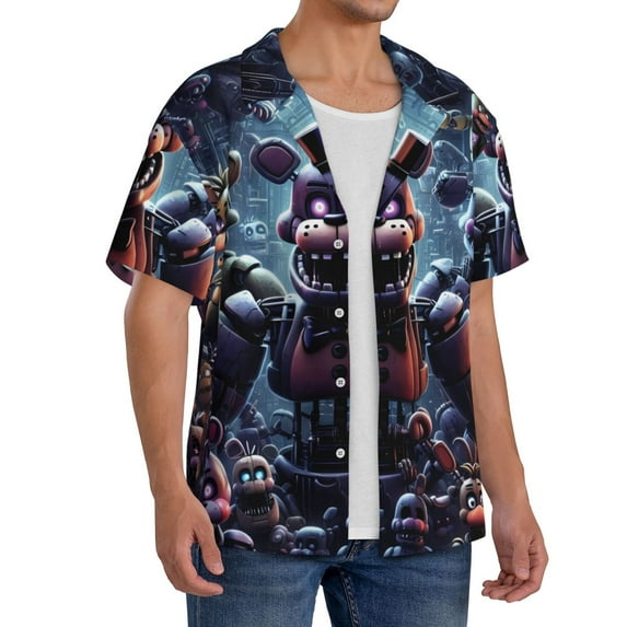 Lsque Five Nights At Freddy'S print Men's Cuban Collar Short Sleeve Shirt Summer Beachwear Casual Button Down Fashionable Vacation Leisure Shirt-Large