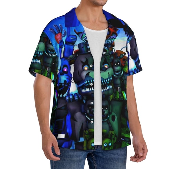 Lsque Five Nights At Freddy'S print Men's Cuban Collar Short Sleeve Shirt Summer Beachwear Casual Button Down Fashionable Vacation Leisure Shirt-Medium