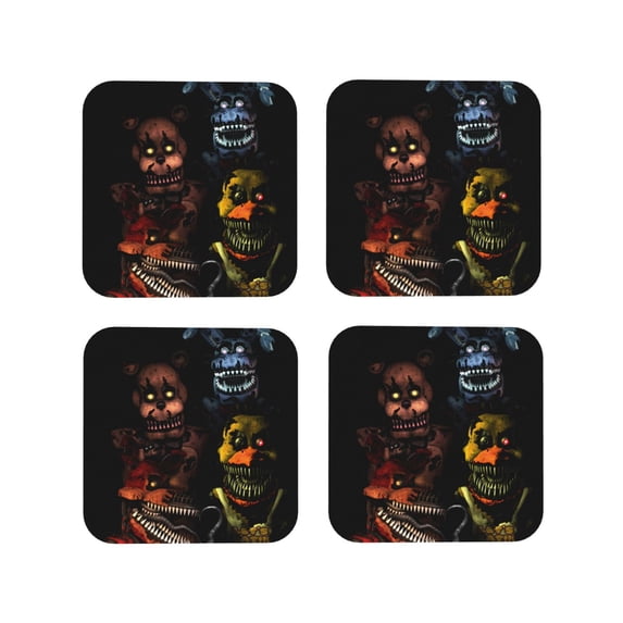 Lsque Five Nights At Freddy'S Pattern 4" Drink Coasters Set of 4, PVC Leather Absorbent Coasters, Table Coaster Set Decorative Coffee Cup Coasters Housewarming Gift