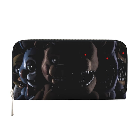 Lsque Five Nights At Freddy'S Pattern Leather Hand Wallet – Long PU Leather Wallet for Women with Zipper Closure, 8 Card Slots, Coin Pouch & Multiple Cash Compartments