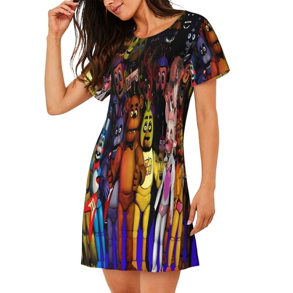 Lsque Five Nights At Freddy'S Pattern Nightgowns for Women Sleep Shirts Short Sleeve Nightshirt Pullover Nightdress Soft Sleepwear Relaxed Fit Nightdress