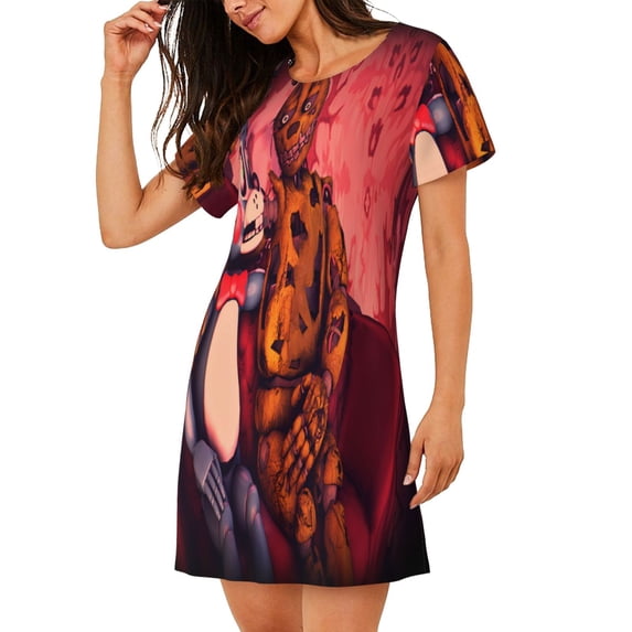 Lsque Five Nights At Freddy'S Pattern Nightgowns for Women Sleep Shirts Short Sleeve Nightshirt Pullover Nightdress Soft Sleepwear Relaxed Fit Nightdress
