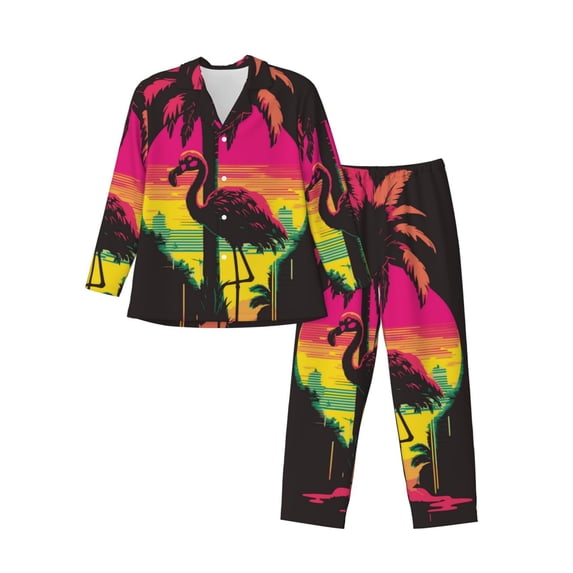 Lsque Flamingo And Palm Trees At Sunset Pattern Long Sleeve Pajama Set for Men - Soft 2-Piece Sleepwear and Loungewear Set with Pockets, Comfy Nightwear-Medium