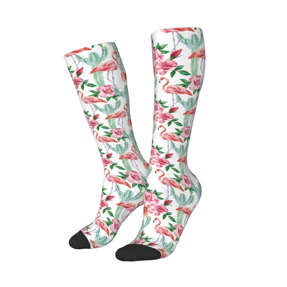 Lsque Flamingo Flower Printed Crew Socks Men's Women's LightWeight Thin Casual Calf Socks ,Knee High Socks,Cotton Socks