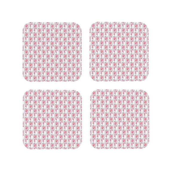 Lsque Flamingo On Checkered Pattern 4" Drink Coasters Set of 4, PVC Leather Absorbent Coasters, Table Coaster Set Decorative Coffee Cup Coasters Housewarming Gift -Square