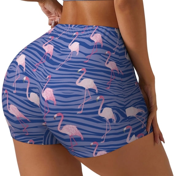 Lsque Flamingo Pattern High Waisted Biker Shorts for Women-Tummy Control Fitness Athletic Workout Running Yoga Gym Shorts,Moisture-Wicking-Small