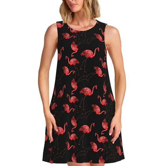 Lsque Flamingo Pattern Summer Dresses for Women – Sleeveless T-Shirt Swing Sundress, Perfect for the Beach and Casual Days
