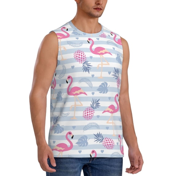Lsque Flamingo and Pineapple Print Men's Cotton Blend Sleeveless Muscle Shirts (S-3XL)- Moisture Wicking, Odor Protection, UPF 30+,Medium