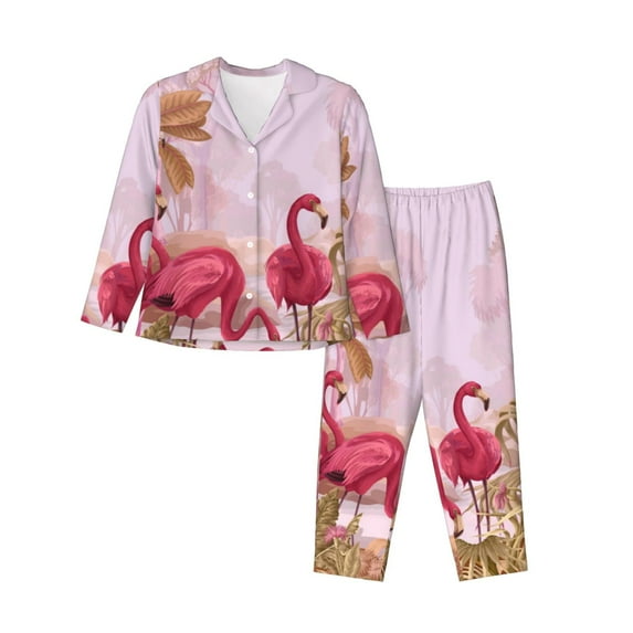 Lsque Flamingos In The Tropical Forest Pattern Long Sleeve Pajama Set for Women - Soft 2-Piece Sleepwear and Loungewear Set with Pockets, Comfy Nightwear-X-Large