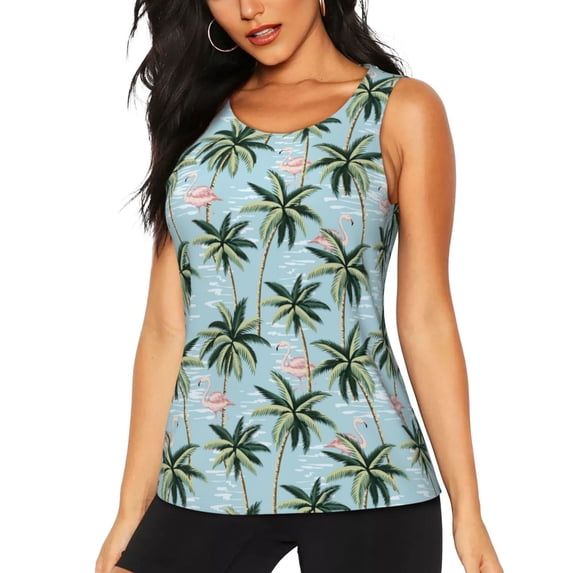 Lsque Flamingos And Palms Printed Workout Tank Tops for Women, Athletic Sports Tank Tops, Compression Sleeveless Dry Fit Shirts,Sleeveless Yoga Shirt-Large