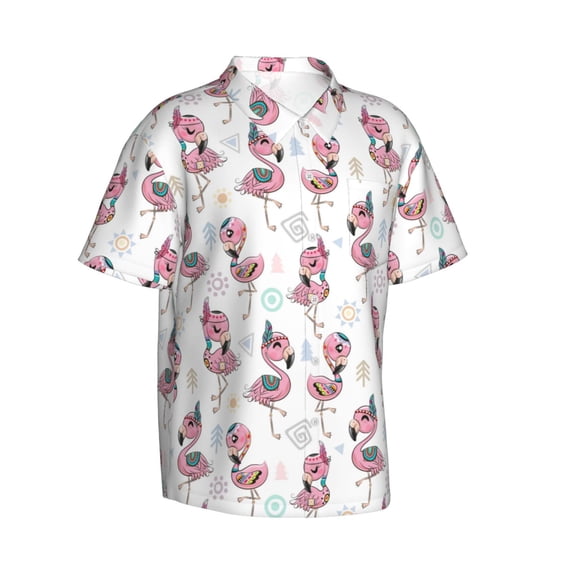 Lsque Flamingos Tribal pattern Hawaiian Shirt for Men, Unisex Summer Beach Casual Short Sleeve Button Down Shirts-Small