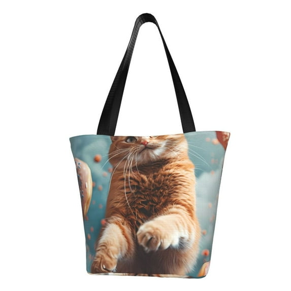 Lsque Floating Cat And Donuts Pattern Beach Tote,Shoulder Handbag,Spacious Tote Bag,Lightweight Travel Bag,Versatile Shopping Bag