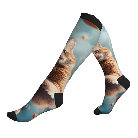 Lsque Floating Cat And Donuts Pattern Sport Compression Socks for Men & Women 15-20 mmHg Knee High Nurse Pregnant Running Medical and Travel Athletic