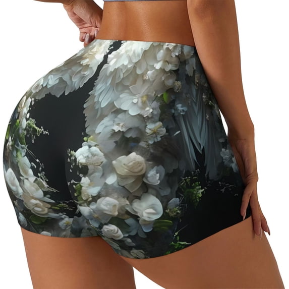 Lsque Floral Angelic White Wings Pattern High Waisted Biker Shorts for Women-Tummy Control Fitness Athletic Workout Running Yoga Gym Shorts,Moisture-Wicking-Medium